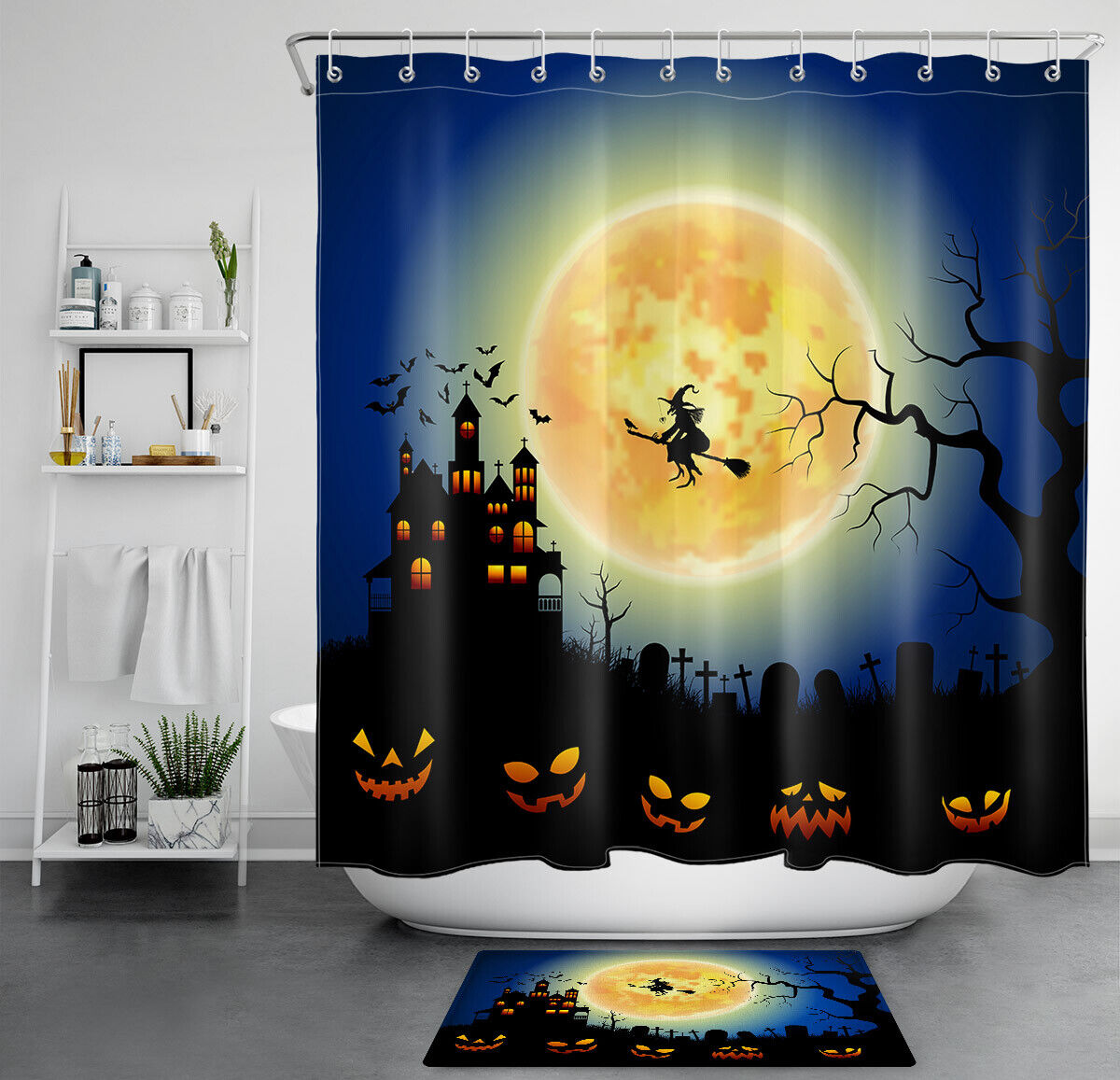 Flying Witch And Moon With Pumpkins On Halloween Night Shower Curtain