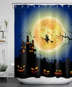 Flying Witch And Moon With Pumpkins On Halloween Night Shower Curtain