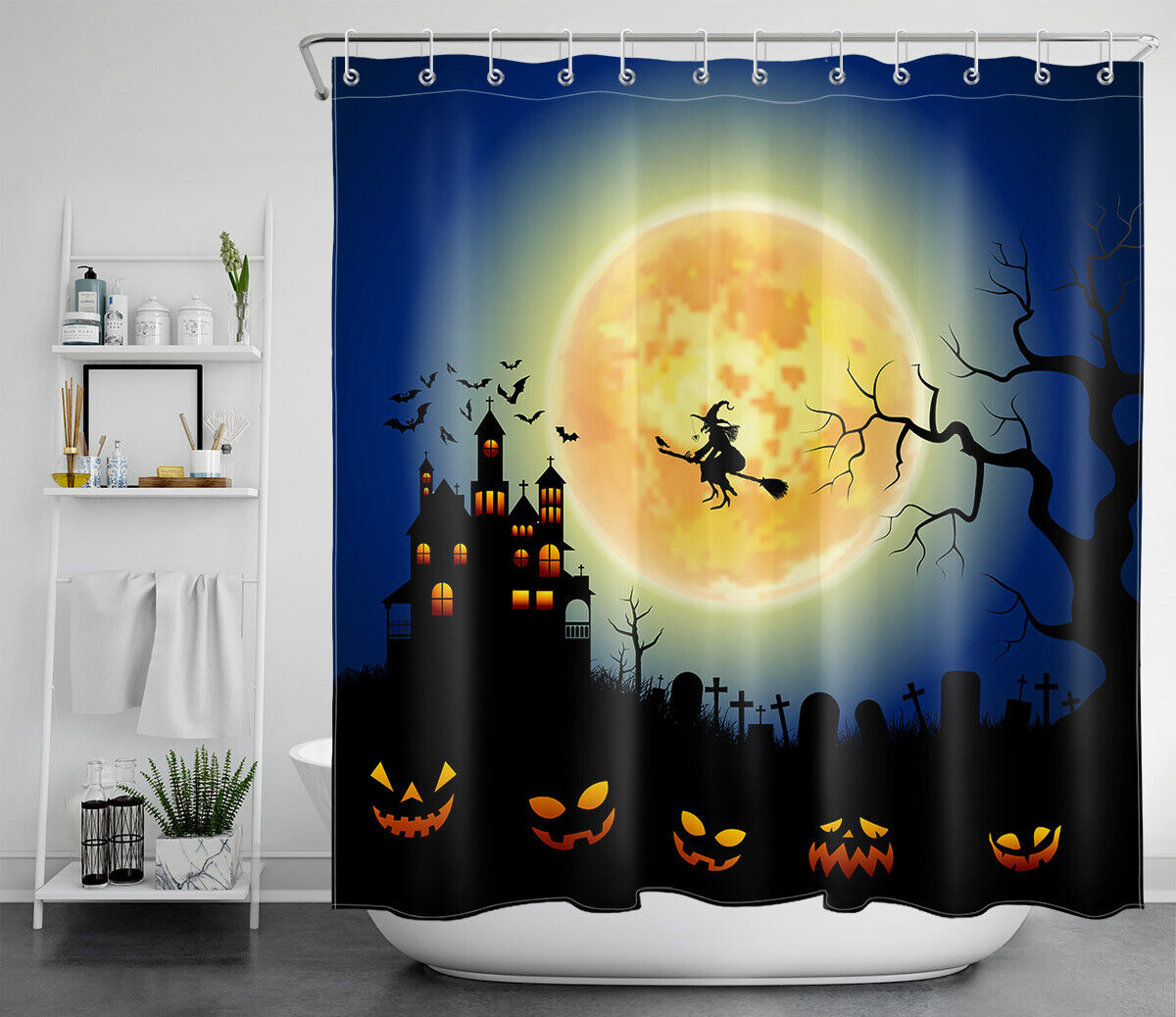 Flying Witch And Moon With Pumpkins On Halloween Night Shower Curtain