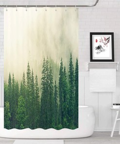 Fog Pine Trees Small Shower Curtain - Waterproof Fabric Curtain With Foggy Forest Design For Your Bathroom