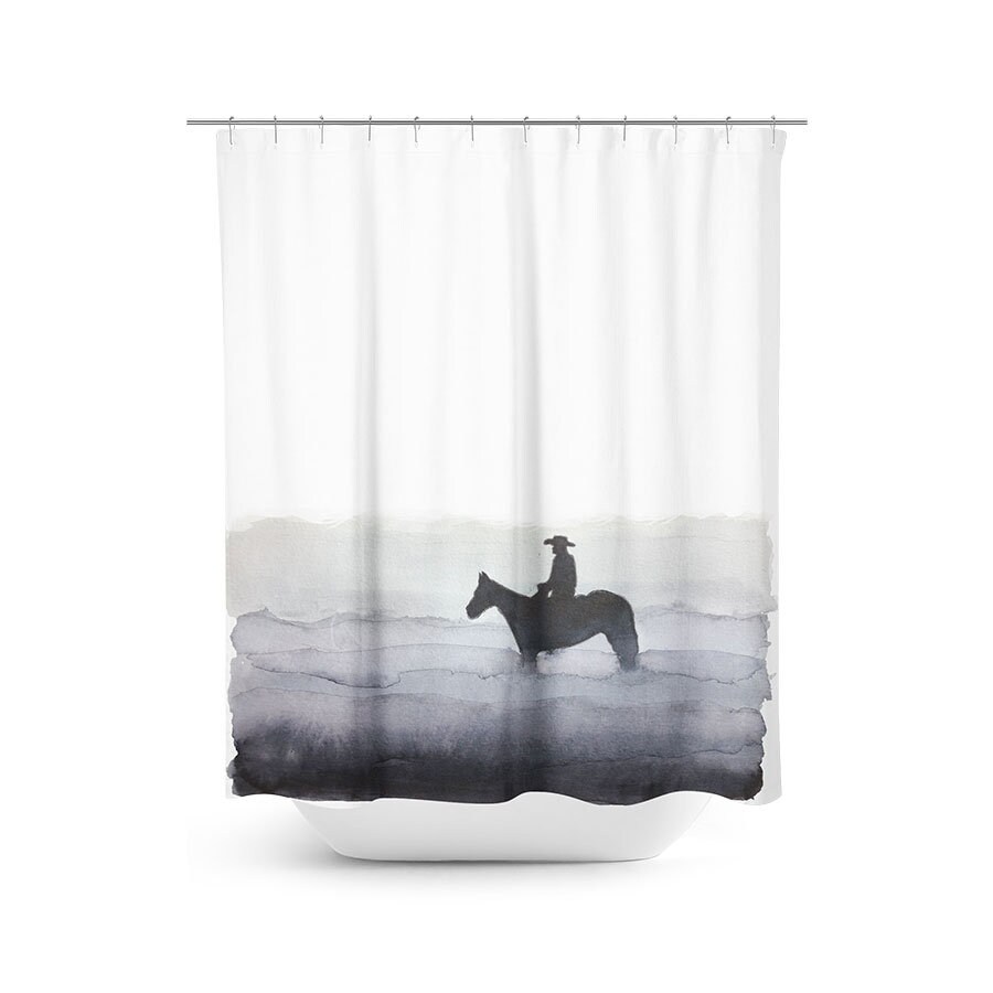 Foggy Cowboy Watercolor Painting Shower Curtain - Stylish And Playful Shower Curtain For Your Western Bathroom Decor
