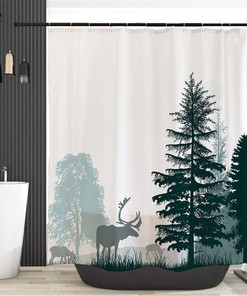 Foggy Forest Elk Fabric Green Mountain Shower Curtain Waterproof Bathroom Decor Heavy Fabric