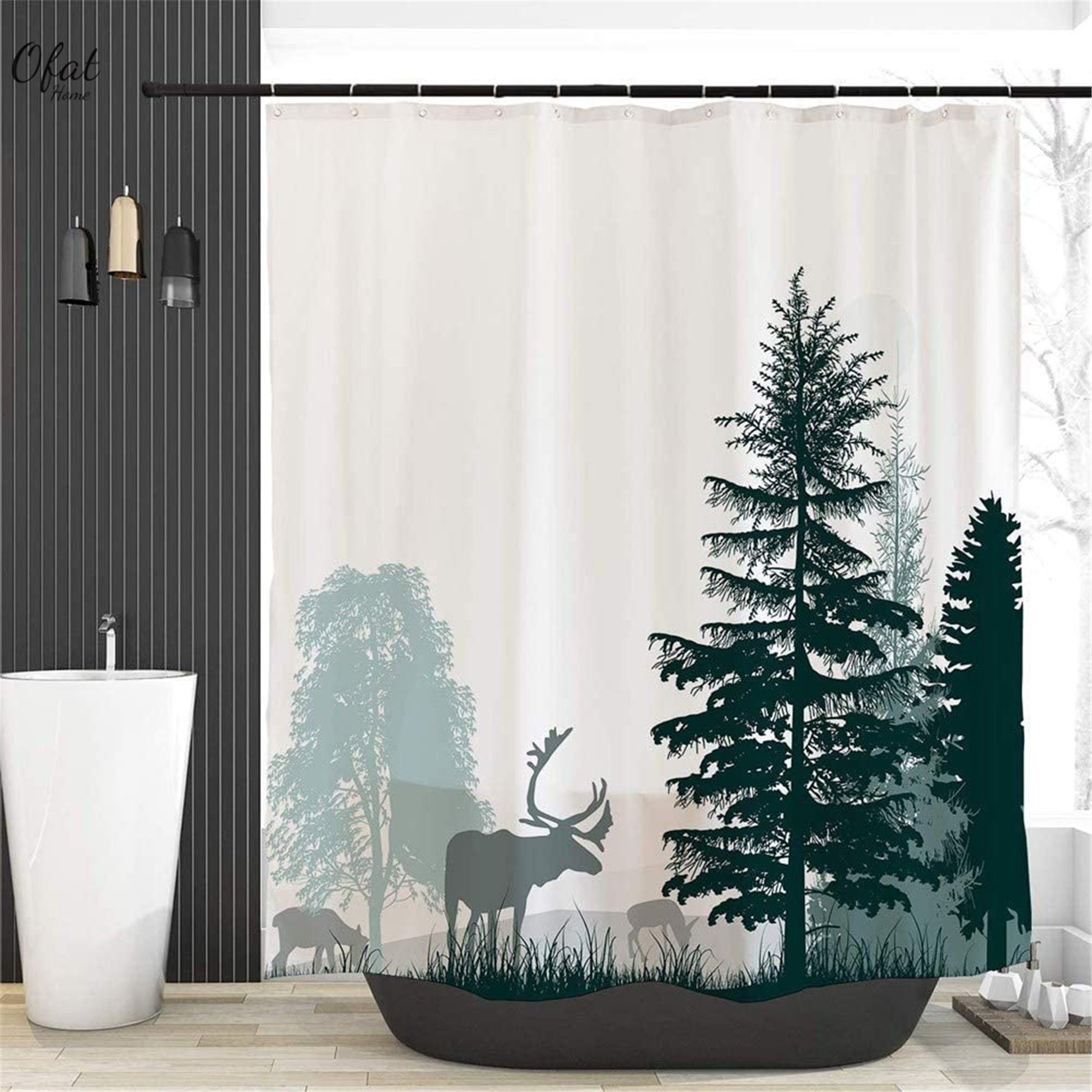 Foggy Forest Elk Fabric Green Mountain Shower Curtain Waterproof Bathroom Decor Heavy Fabric