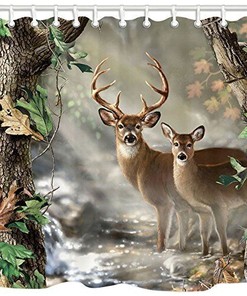 Foggy Forest Elk Shower Curtain Tanstan Deer Decoration Waterproof Fabric Bathroom Decor