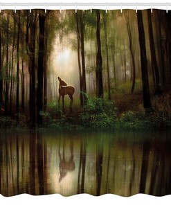 Foggy Lake Baby Deer Forest Shower Curtain For Magical Bathroom Decor - Forest Shower Curtain Baby Deer Foggy Lake
