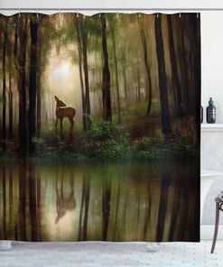 Foggy Lake Baby Deer Forest Shower Curtain For Magical Bathroom Decor - Forest Shower Curtain Baby Deer Foggy Lake