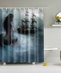 Foggy Night Medieval Sea With Pirate Ship Painting Shower Curtain - Water Repellent Bathroom Decor With Magical Design