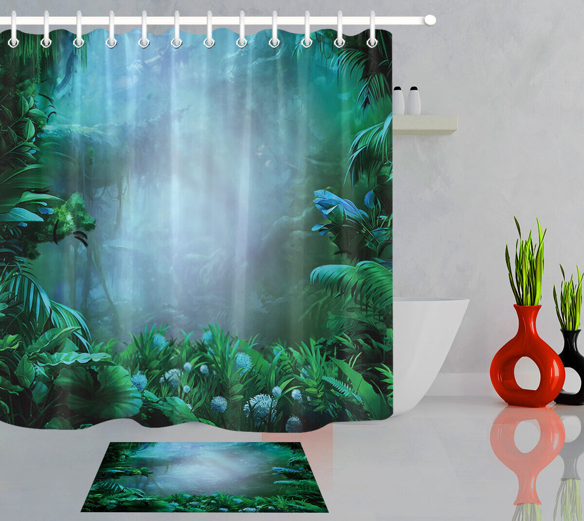 Foggy Rainforest Tropical Green Leaves Shower Curtain - Calming Bathroom Decor