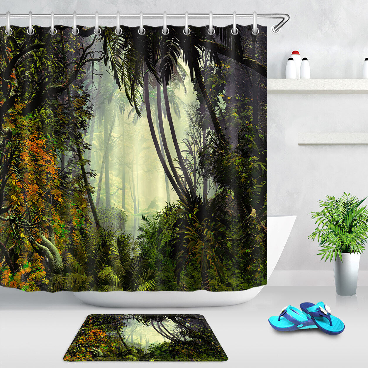 Foggy Tropical Rainforest Oil Painting Fabric Shower Curtain for Bathroom Decor - Unbranded