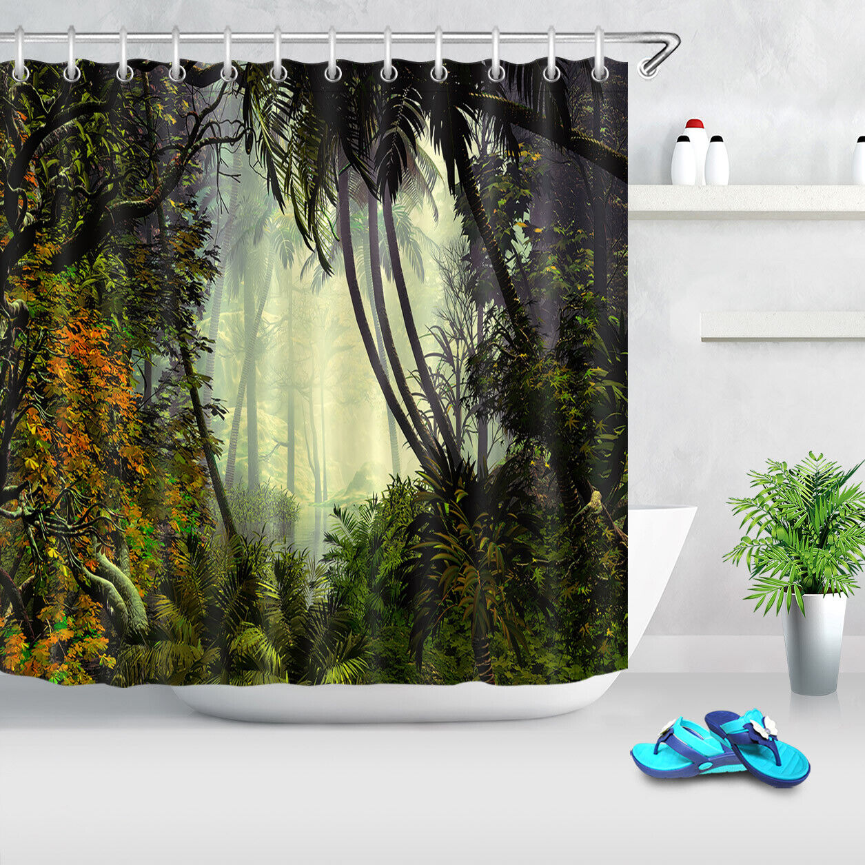 Foggy Tropical Rainforest Oil Painting Fabric Shower Curtain for Bathroom Decor - Unbranded