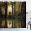 Foggy Woodland Graphic Nature Shower Curtain With Deer In The Forest Reflection On Lake