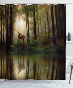 Foggy Woodland Graphic Nature Shower Curtain With Deer In The Forest Reflection On Lake
