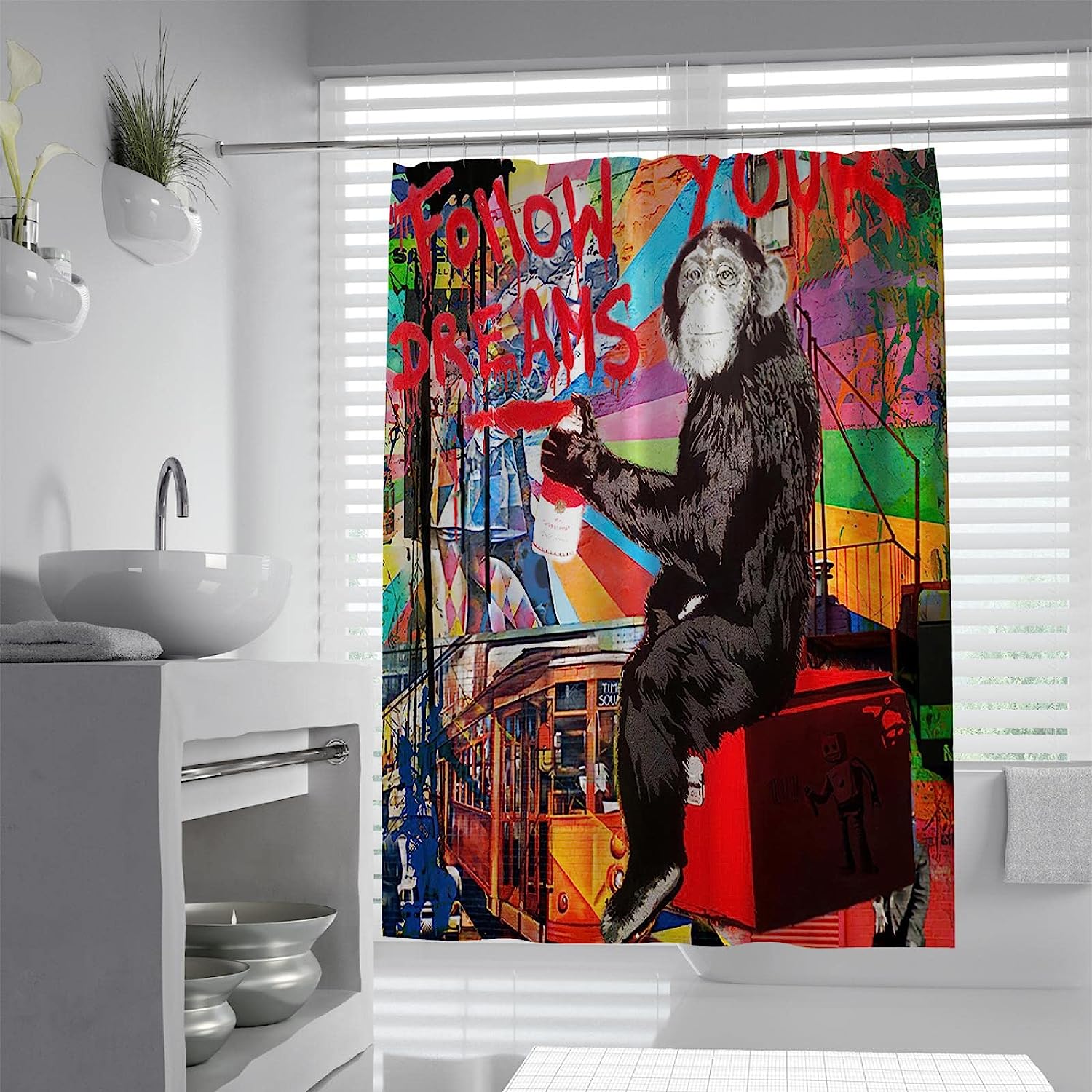 Follow Your Dreams Monkey Banksy Art Shower Curtain For Home Bathroom Decor