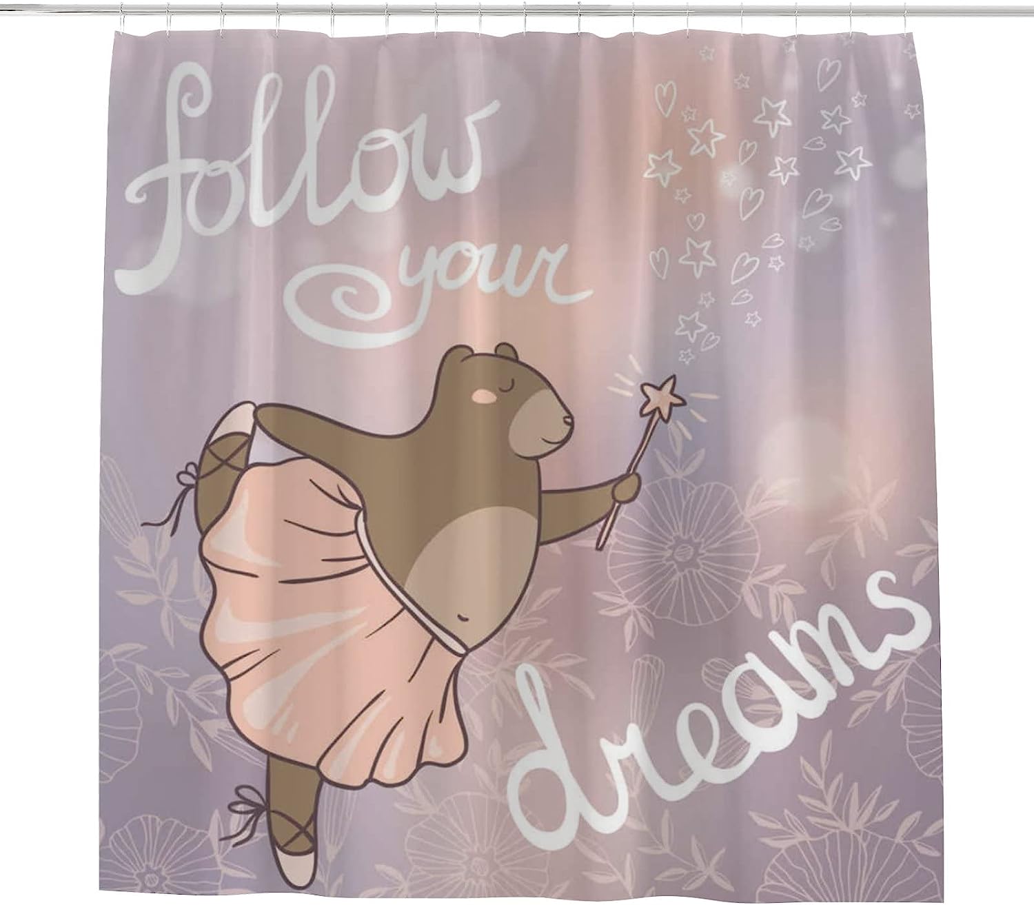 Follow Your Dreams Text with Cute Bear Shower Curtain, RASHU Waterproof Fabric Bath Curtain Set