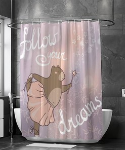 Follow Your Dreams Text with Cute Bear Shower Curtain, RASHU Waterproof Fabric Bath Curtain Set