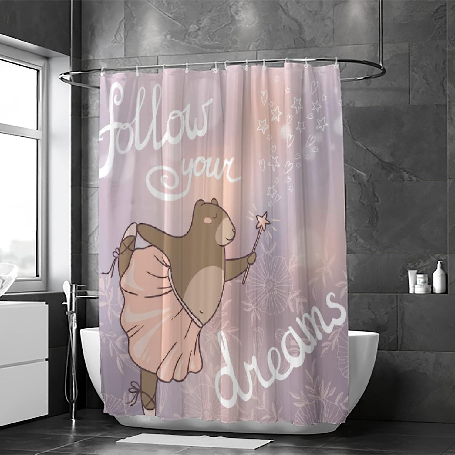 Follow Your Dreams Text with Cute Bear Shower Curtain, RASHU Waterproof Fabric Bath Curtain Set