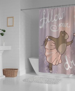 Follow Your Dreams Text with Cute Bear Shower Curtain, RASHU Waterproof Fabric Bath Curtain Set