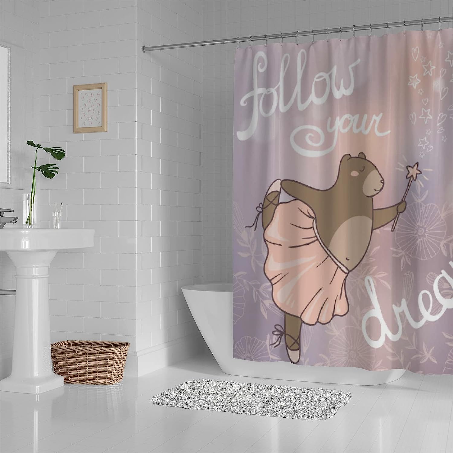 Follow Your Dreams Text with Cute Bear Shower Curtain, RASHU Waterproof Fabric Bath Curtain Set