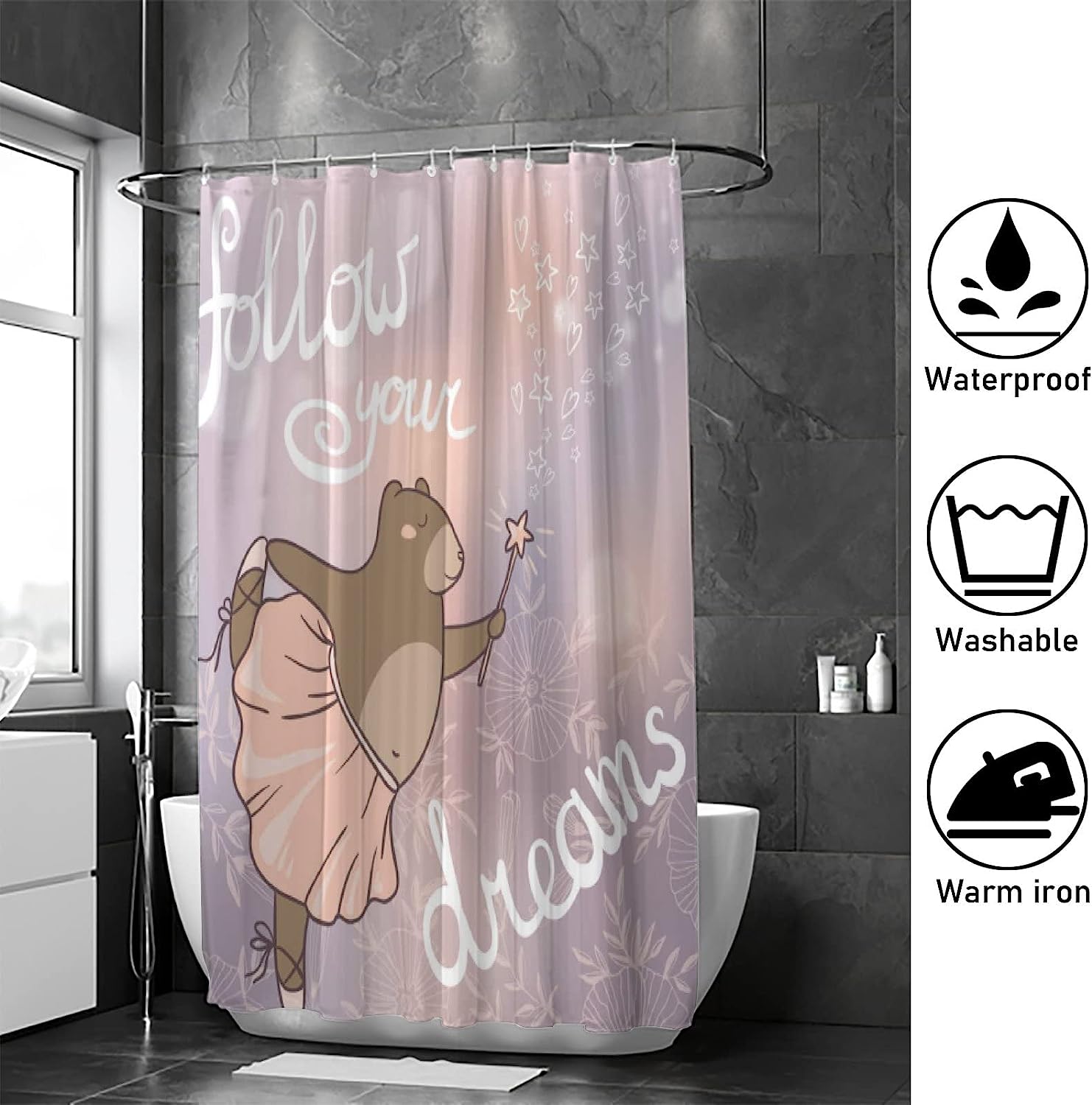Follow Your Dreams Text with Cute Bear Shower Curtain, RASHU Waterproof Fabric Bath Curtain Set