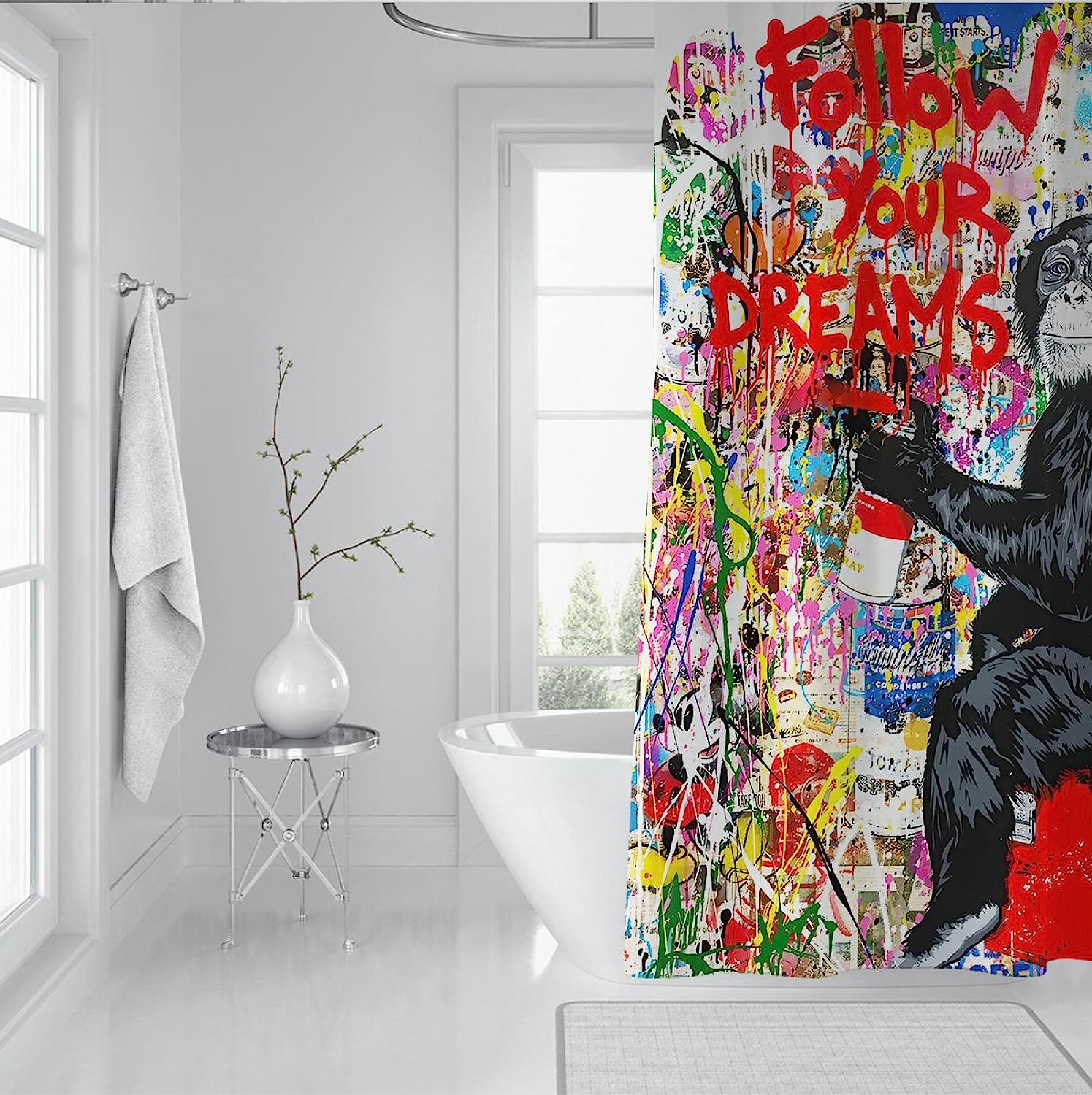 Follow Your Dreams with Monkey Graffiti Shower Curtain - Inspirational Bath Accessory