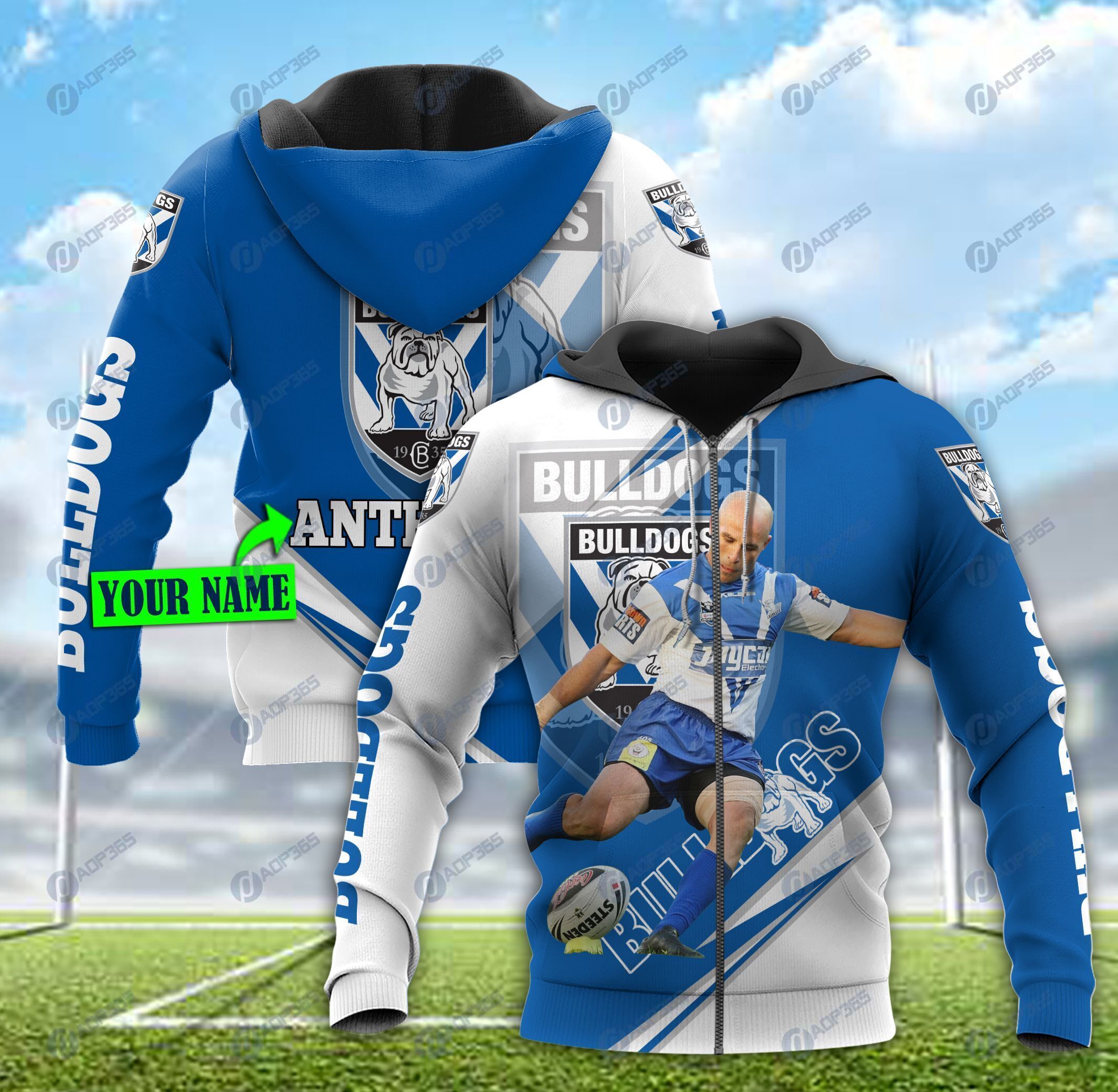 Football Player Custom Name 3D All Over Print Zip Up Hoodie - Canterbury Bankstown Bulldogs Nrl