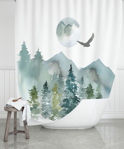 Forest Abstract Art Shower Curtain, Greenery Landscape, Moon Eagle Watercolor And Modern Bathroom Decor 