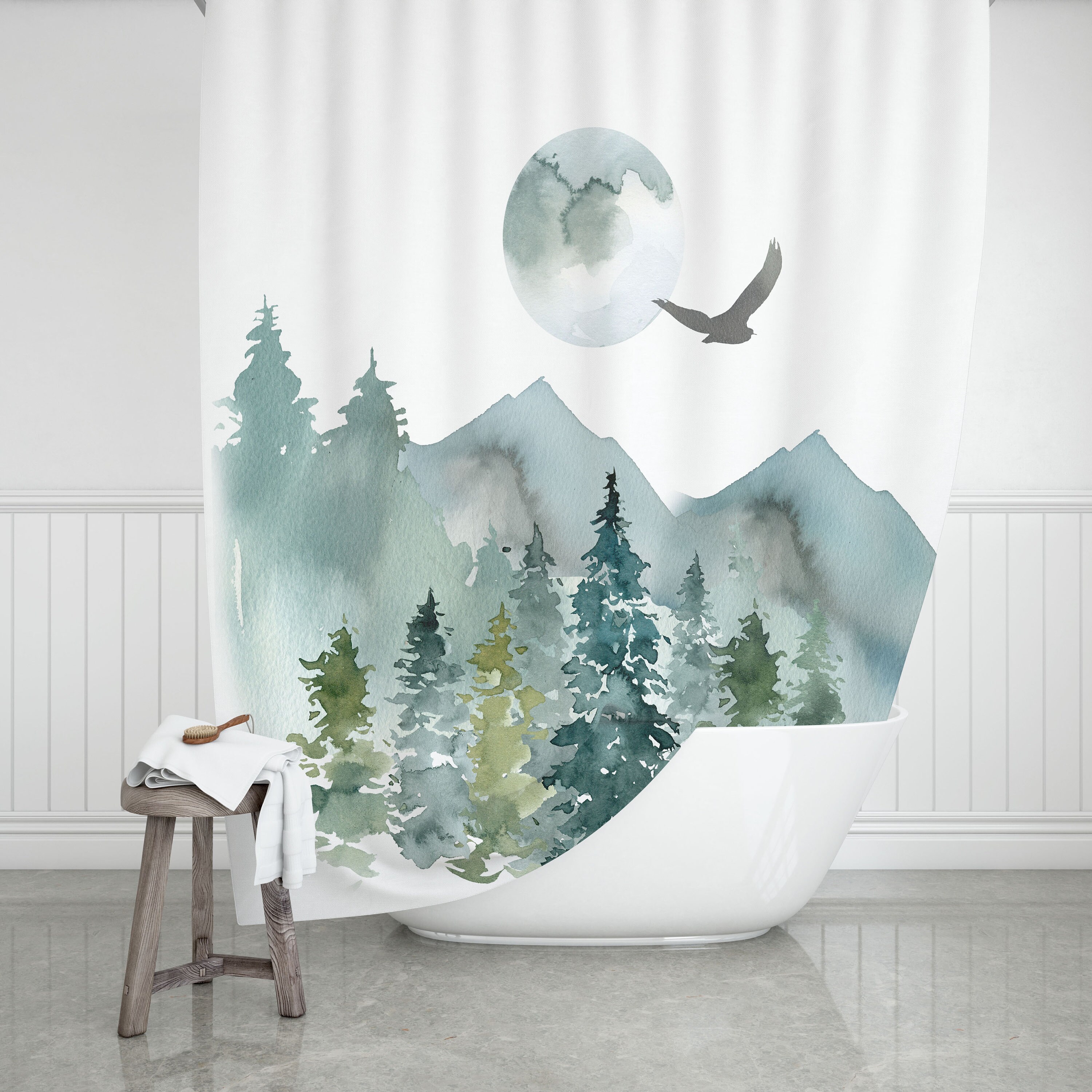 Forest Abstract Art Shower Curtain, Greenery Landscape, Moon Eagle Watercolor And Modern Bathroom Decor