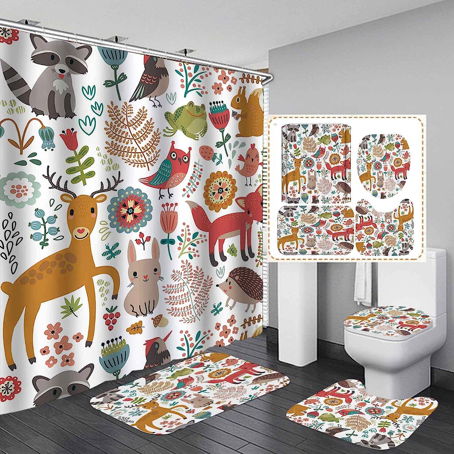 Forest Animal Shower Curtain, Cute Woodland Creatures Bathroom Decor