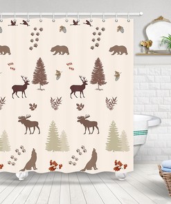 Forest Animal Shower Curtain with Elk, Reindeer, Bear, and Swan Print