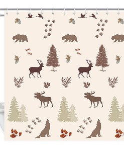 Forest Animal Shower Curtain with Elk, Reindeer, Bear, and Swan Print