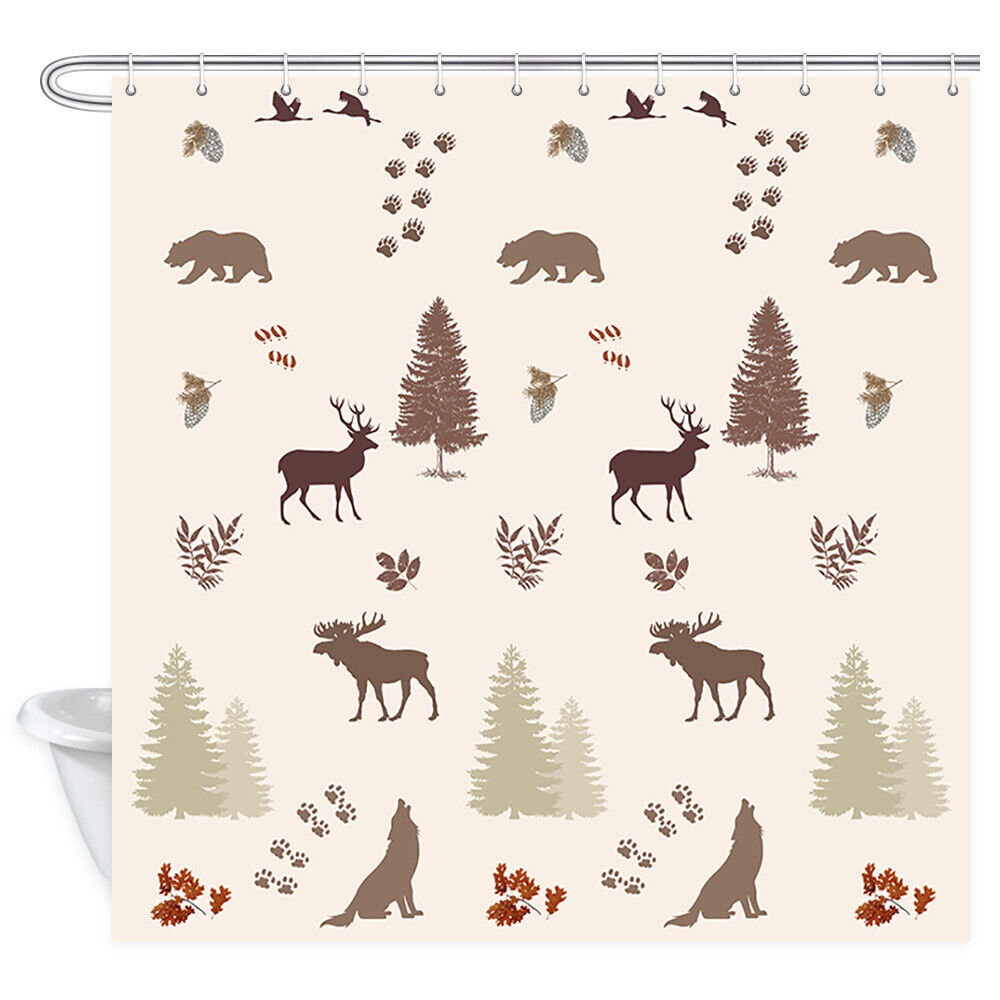 Forest Animal Shower Curtain with Elk, Reindeer, Bear, and Swan Print