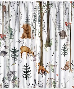 Forest Animals Farmhouse Lodge Country Window Drapes Fabric - Birch Tree Pine Bird Flower Camping Living Room Curtains