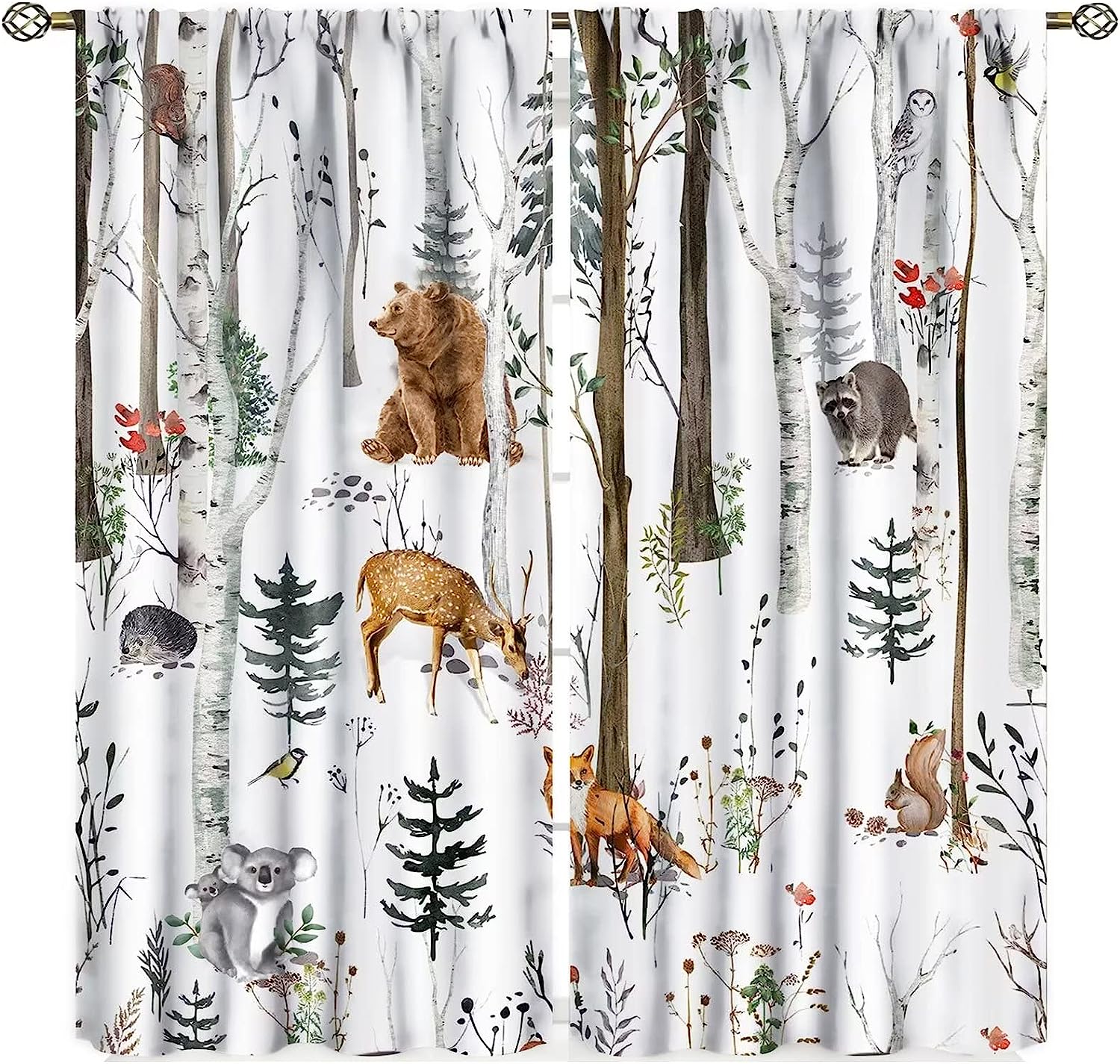 Forest Animals Farmhouse Lodge Country Window Drapes Fabric - Birch Tree Pine Bird Flower Camping Living Room Curtains