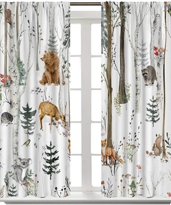 Forest Animals Farmhouse Lodge Country Window Drapes Fabric - Birch Tree Pine Bird Flower Camping Living Room Curtains