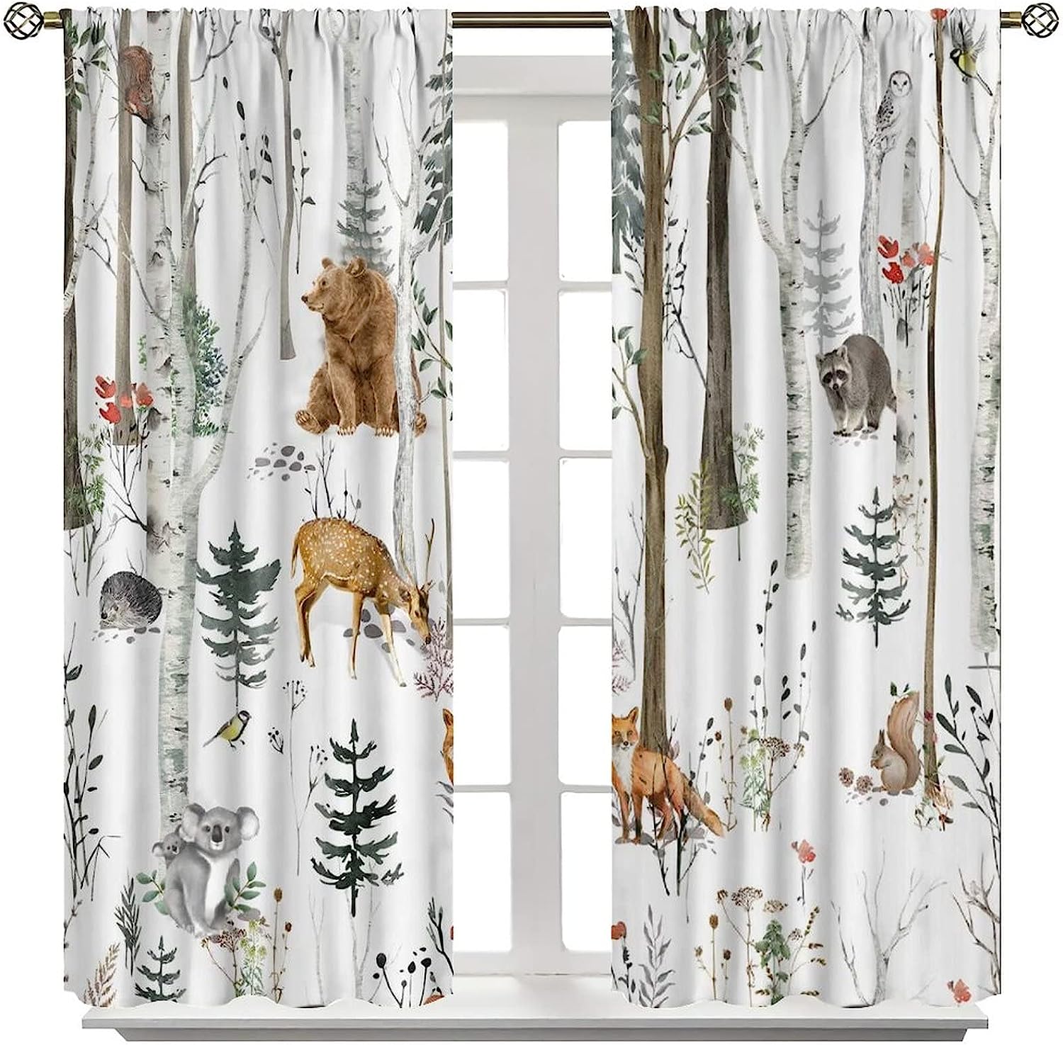 Forest Animals Farmhouse Lodge Country Window Drapes Fabric - Birch Tree Pine Bird Flower Camping Living Room Curtains