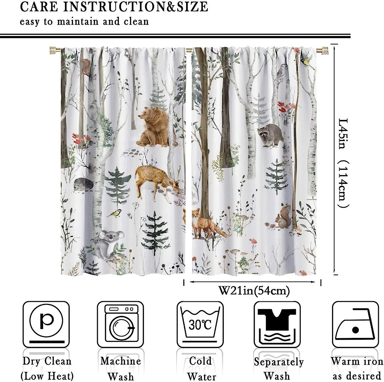 Forest Animals Farmhouse Lodge Country Window Drapes Fabric - Birch Tree Pine Bird Flower Camping Living Room Curtains