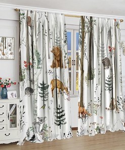 Forest Animals Farmhouse Lodge Country Window Drapes Fabric - Birch Tree Pine Bird Flower Camping Living Room Curtains