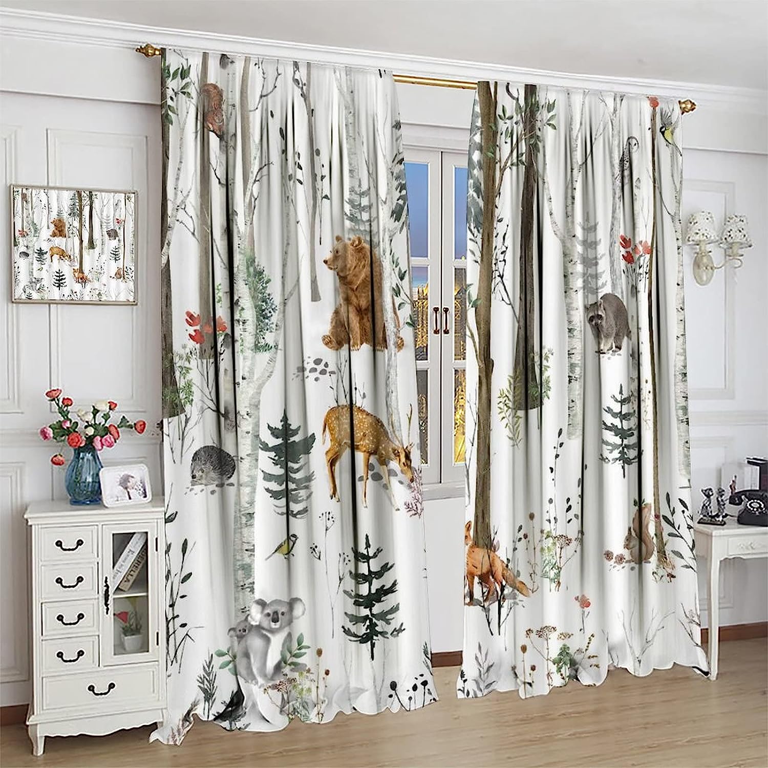 Forest Animals Farmhouse Lodge Country Window Drapes Fabric - Birch Tree Pine Bird Flower Camping Living Room Curtains