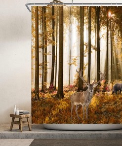 Forest Animals with Trees and Falling Leaves Shower Curtain for Nature-Loving Bathrooms