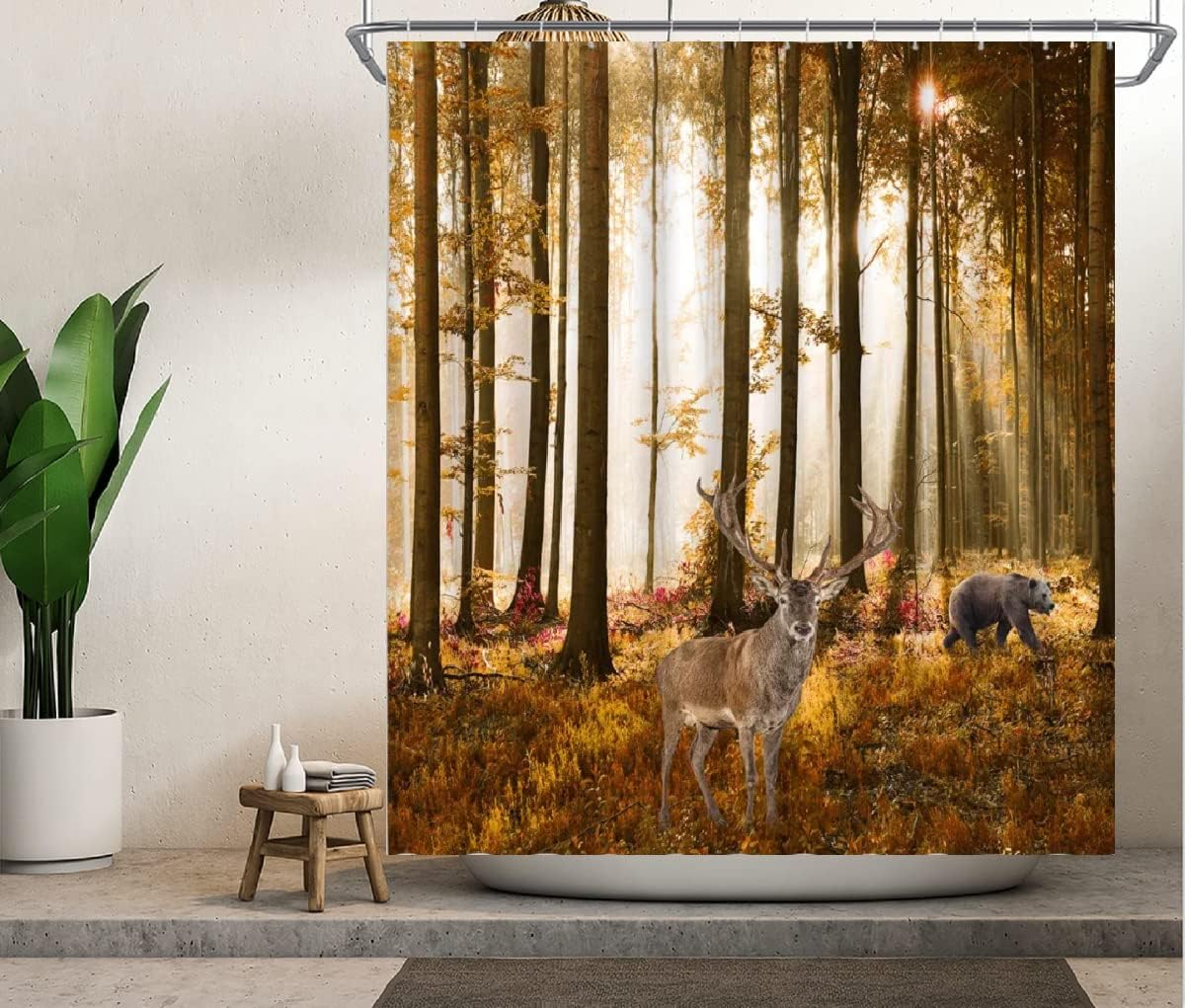 Forest Animals with Trees and Falling Leaves Shower Curtain for Nature-Loving Bathrooms