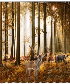 Forest Animals with Trees and Falling Leaves Shower Curtain for Nature-Loving Bathrooms
