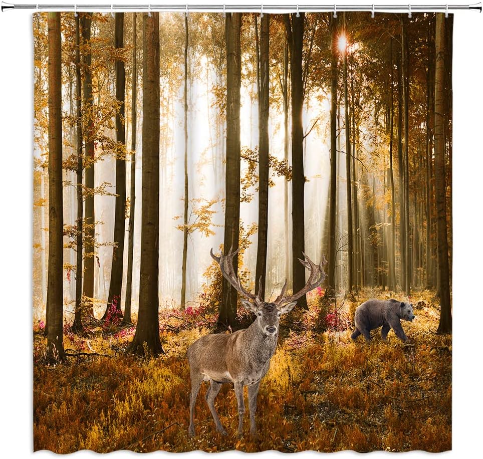 Forest Animals with Trees and Falling Leaves Shower Curtain for Nature-Loving Bathrooms