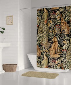 Forest Art Deco Shower Curtain, William Morris Inspired Retro Bathroom Decor 