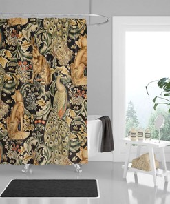Forest Art Deco Shower Curtain, William Morris Inspired Retro Bathroom Decor
