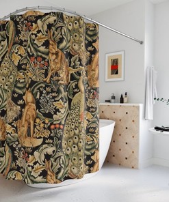 Forest Art Deco Shower Curtain, William Morris Inspired Retro Bathroom Decor 