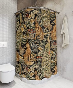 Forest Art Deco Shower Curtain, William Morris Inspired Retro Bathroom Decor 