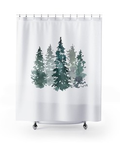 Forest Bath Set With Pine Trees Scene Boho Shower Curtain And Modern Botanical Print