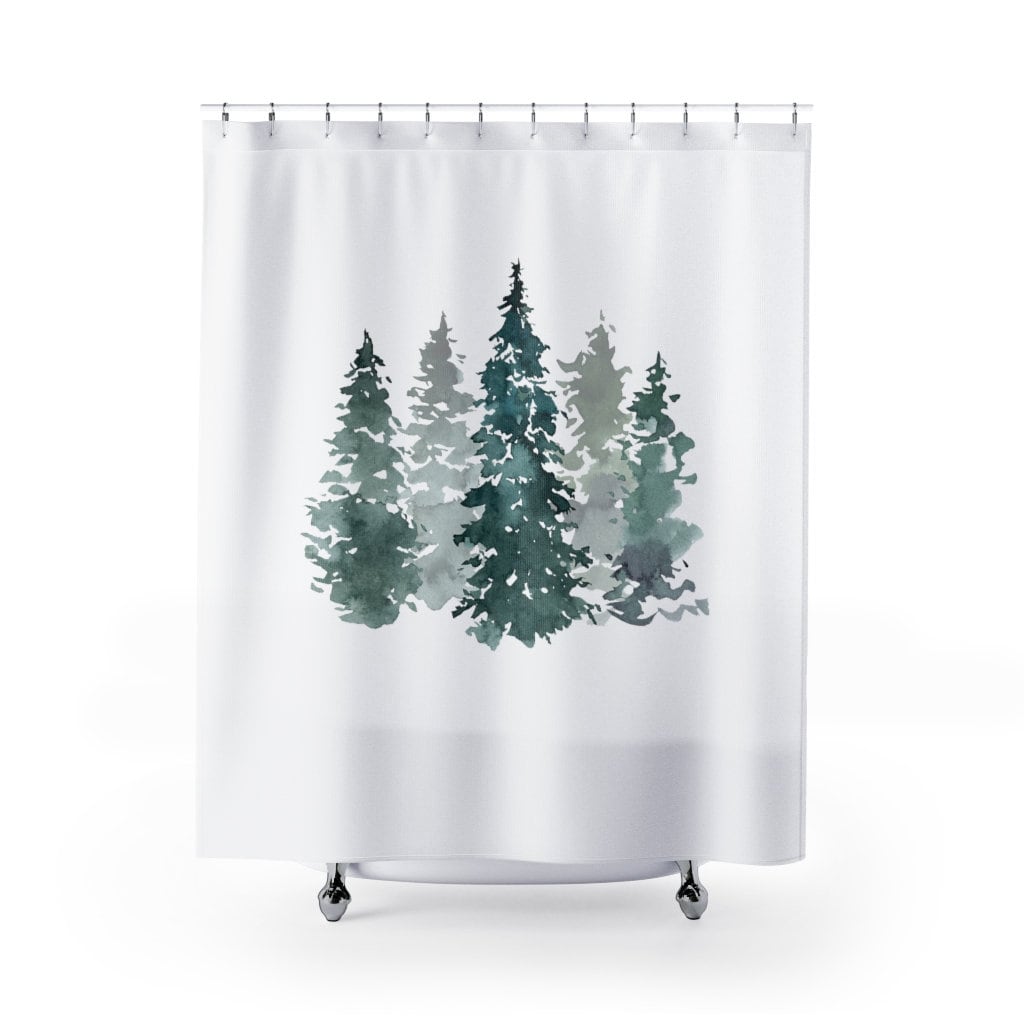 Forest Bath Set With Pine Trees Scene Boho Shower Curtain And Modern Botanical Print
