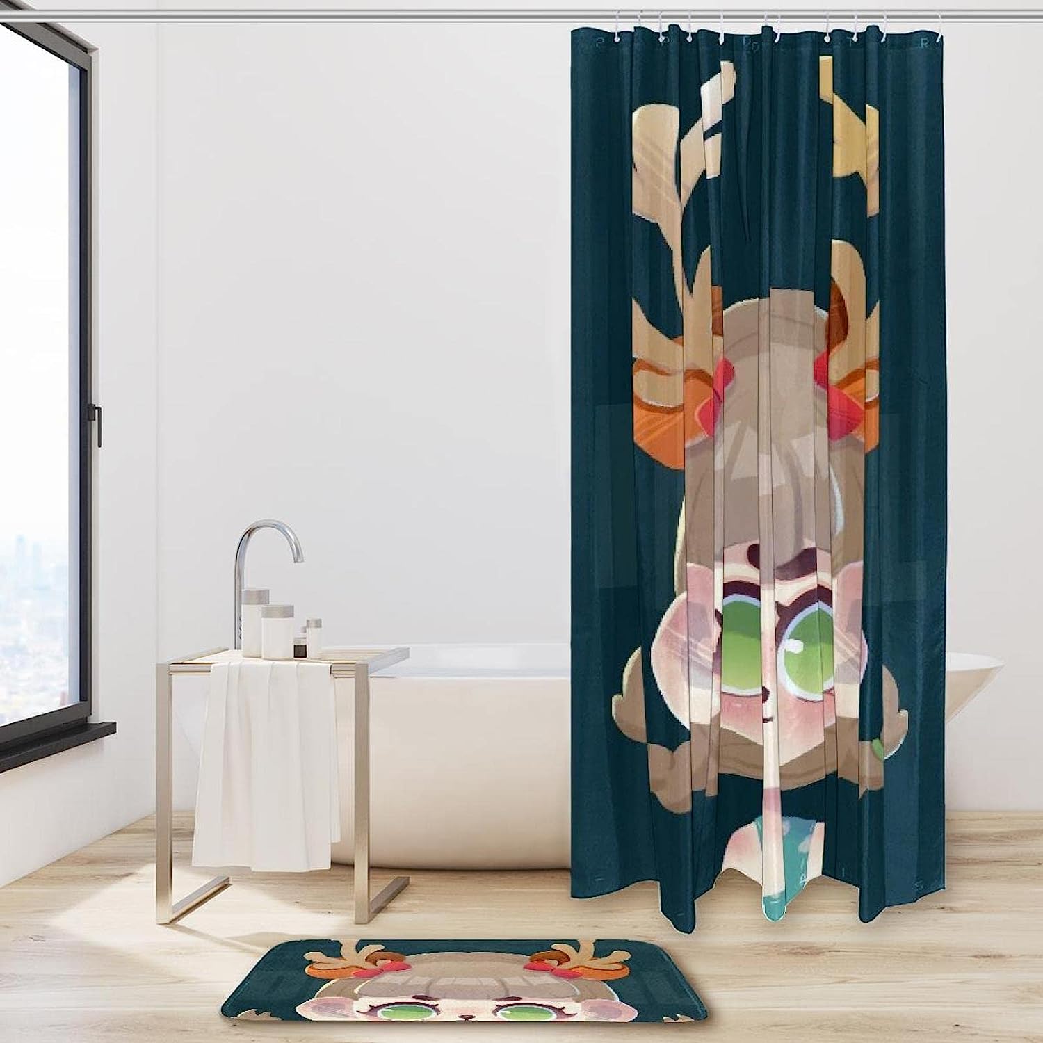 Forest Christmas Deer Little Girl Print Shower Curtain - Whimsical And Cozy Design - Image 2