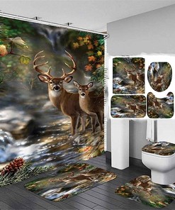 Forest Creek Deer Christmas Elk Printed Pattern Waterproof Shower Curtain Hotel Style
